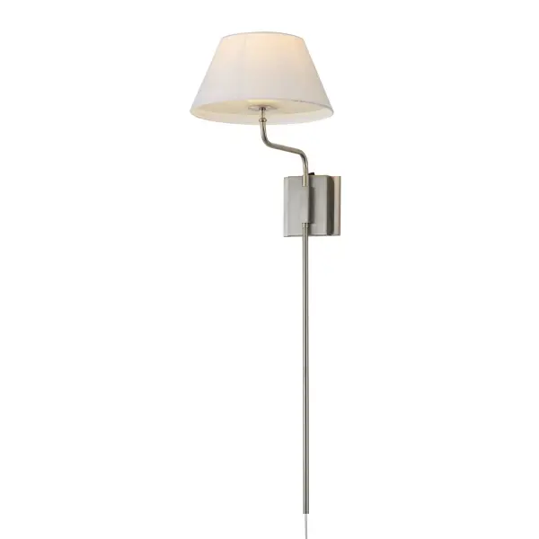 Collection: Dunbridge Finish: Polished Nickel Width: 12.00" Height: 39.25" Weight: 2.95 lb Extension from Wall: 15.00" Wire: 72" Canopy: 5"x3.25" Number of Bulbs: 1 Maximum Wattage: 60.00 W Bulb Base: E26 Medium Light Source: Incandescent Voltage: 120.00 V Material: Steel,Fabric.Glass Safety Listing: cETLus Manufacturer Warranty: 3 Spec Sheet
