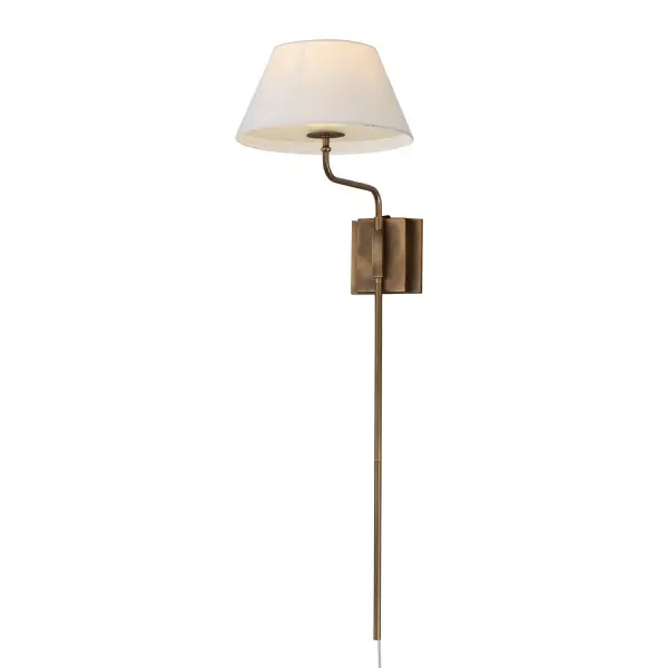 Collection: Dunbridge Finish: Weathered Brass Width: 12.00" Height: 39.25" Weight: 2.95 lb Extension from Wall: 15.00" Wire: 72" Canopy: 5"x3.25" Number of Bulbs: 1 Maximum Wattage: 60.00 W Bulb Base: E26 Medium Light Source: Incandescent Voltage: 120.00 V Material: Steel,Fabric.Glass Safety Listing: cETLus Manufacturer Warranty: 3 Spec Sheet