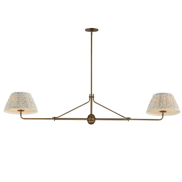Collection: Dunbridge Finish: Weathered Brass Width: 12.00" Height: 11.00" Length: 62.00" Weight: 6.50 lb Wire: 120" Canopy: 5"x5"x0.5" Number of Bulbs: 2 Maximum Wattage: 60.00 W Bulb Base: E26 Medium Light Source: Incandescent Voltage: 120.00 V Material: Steel,Fabric.Glass Safety Listing: cETLus Manufacturer Warranty: 3 Spec Sheet