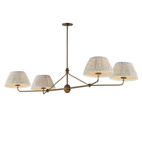 Collection: Dunbridge Finish: Weathered Brass Width: 27.75" Height: 11.00" Length: 62.00" Weight: 11.88 lb Wire: 120" Canopy: 5"x5"x0.5" Number of Bulbs: 4 Maximum Wattage: 60.00 W Bulb Base: E26 Medium Light Source: Incandescent Voltage: 120.00 V Material: Steel,Fabric.Glass Safety Listing: cETLus Manufacturer Warranty: 3 Spec Sheet