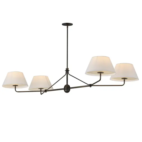 Collection: Dunbridge Finish: Antique Bronze Width: 27.75" Height: 11.00" Length: 62.00" Weight: 11.88 lb Wire: 120" Canopy: 5"x5"x0.5" Number of Bulbs: 4 Maximum Wattage: 60.00 W Bulb Base: E26 Medium Light Source: Incandescent Voltage: 120.00 V Material: Steel,Fabric.Glass Safety Listing: cETLus Manufacturer Warranty: 3 Spec Sheet