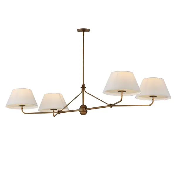 Collection: Dunbridge Finish: Weathered Brass Width: 27.75" Height: 11.00" Length: 62.00" Weight: 11.88 lb Wire: 120" Canopy: 5"x5"x0.5" Number of Bulbs: 4 Maximum Wattage: 60.00 W Bulb Base: E26 Medium Light Source: Incandescent Voltage: 120.00 V Material: Steel,Fabric.Glass Safety Listing: cETLus Manufacturer Warranty: 3 Spec Sheet