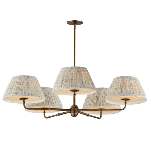 Collection: Dunbridge Finish: Weathered Brass Width: 42.00" Height: 10.75" Length: 42.00" Weight: 11.44 lb Wire: 120" Canopy: 5"x5"x0.5" Number of Bulbs: 5 Maximum Wattage: 60.00 W Bulb Base: E26 Medium Light Source: Incandescent Voltage: 120.00 V Material: Steel,Fabric.Glass Safety Listing: cETLus Manufacturer Warranty: 3 Spec Sheet
