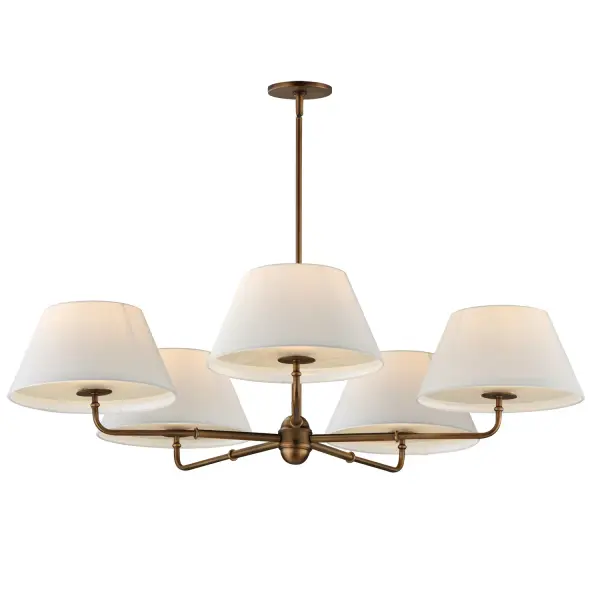 Collection: Dunbridge Finish: Weathered Brass Width: 42.00" Height: 10.75" Length: 42.00" Weight: 11.44 lb Wire: 120" Canopy: 5"x5"x0.5" Number of Bulbs: 5 Maximum Wattage: 60.00 W Bulb Base: E26 Medium Light Source: Incandescent Voltage: 120.00 V Material: Steel,Fabric.Glass Safety Listing: cETLus Manufacturer Warranty: 3 Spec Sheet