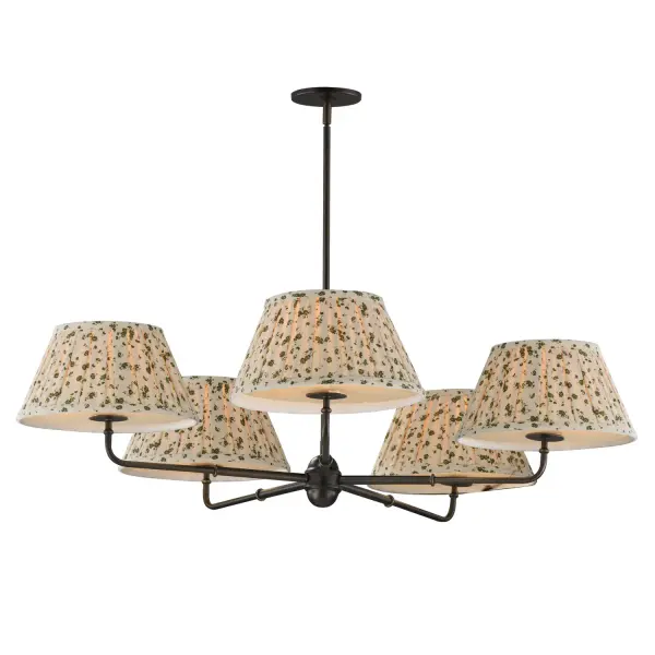 Collection: Dunbridge Finish: Antique Bronze Width: 42.00" Height: 10.75" Length: 42.00" Weight: 11.44 lb Wire: 120" Canopy: 5"x5"x0.5" Number of Bulbs: 5 Maximum Wattage: 60.00 W Bulb Base: E26 Medium Light Source: Incandescent Voltage: 120.00 V Material: Steel,Fabric.Glass Safety Listing: cETLus Manufacturer Warranty: 3 Spec Sheet