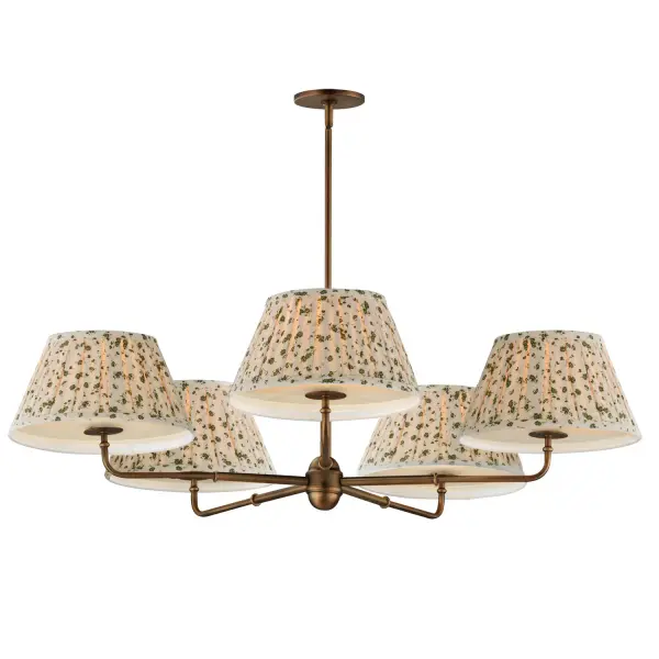 Collection: Dunbridge Finish: Weathered Brass Width: 42.00" Height: 10.75" Length: 42.00" Weight: 11.44 lb Wire: 120" Canopy: 5"x5"x0.5" Number of Bulbs: 5 Maximum Wattage: 60.00 W Bulb Base: E26 Medium Light Source: Incandescent Voltage: 120.00 V Material: Steel,Fabric.Glass Safety Listing: cETLus Manufacturer Warranty: 3 Spec Sheet