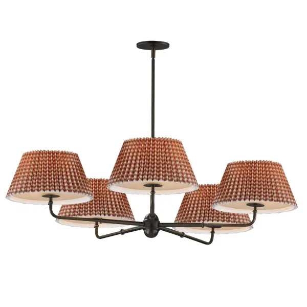 Collection: Dunbridge Finish: Antique Bronze Width: 42.00" Height: 10.75" Length: 42.00" Weight: 11.44 lb Wire: 120" Canopy: 5"x5"x0.5" Number of Bulbs: 5 Maximum Wattage: 60.00 W Bulb Base: E26 Medium Light Source: Incandescent Voltage: 120.00 V Material: Steel,Fabric.Glass Safety Listing: cETLus Manufacturer Warranty: 3 Spec Sheet
