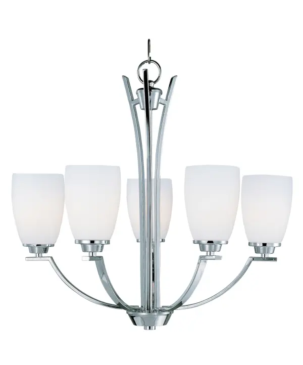 A clean, contemporary design featuring rectangular tubing, finished in Polished Chrome, is enhanced by the tall scale, Satin White glass shades.