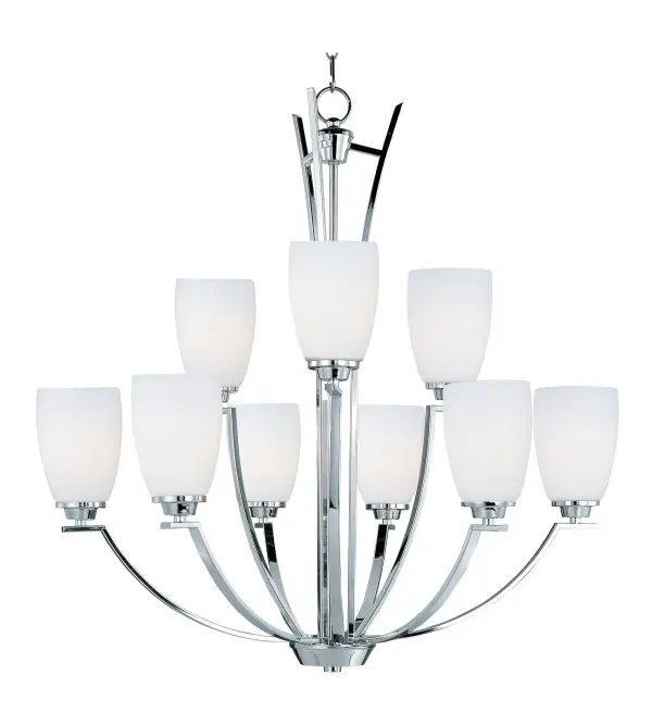 A clean, contemporary design featuring rectangular tubing, finished in Polished Chrome, is enhanced by the tall scale, Satin White glass shades.