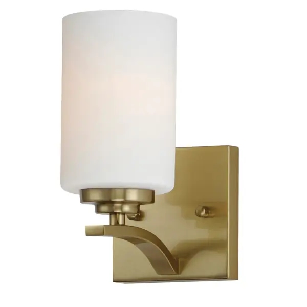 Low sloping arms of rectilinear tubing is finished in a variety of options that include Satin Nickel, Oil Rubbed Bronze, Matte Black, and a contemporary Satin Brass finish. Tall, cylindrical Satin White glass shades soften the light source within. Offered in a variety of configurations that include chandeliers, sconces, and a semi-flush pendant that may be used as a foyer pendant, has become a proven popular choice among builders. Collection: Deven Finish: Satin Brass Glass: Satin White Width: 4.75" Height: 9.00" Weight: 1.34 lb Extension from Wall: 6.25" Wire: 8" Canopy: 4.75"x4.75" Number of Bulbs: 1 Maximum Wattage: 60.00 W Bulb Type: A19 Bulb Base: E26 Medium Light Source: Incandescent Dimmable Voltage: 120.00 V Material: Steel, Glass Safety Listing: cETLus Safety Rating: Damp Spec Sheet Instructions