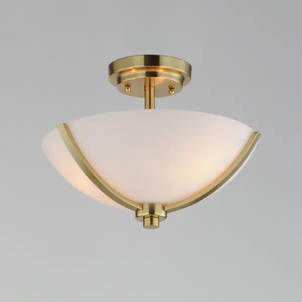 Low sloping arms of rectilinear tubing is finished in a variety of options that include Satin Nickel, Oil Rubbed Bronze, Matte Black, and a contemporary Satin Brass finish. Tall, cylindrical Satin White glass shades soften the light source within. Offered in a variety of configurations that include chandeliers, sconces, and a semi-flush pendant that may be used as a foyer pendant, has become a proven popular choice among builders. Collection: Deven Finish: Satin Brass Glass: Satin White Width: 14.00" Height: 10.00" Length: 14.00" Weight: 3.63 lb Wire: 36" Canopy: 5"x1"x5" Number of Bulbs: 3 Maximum Wattage: 60.00 W Bulb Type: A19 Bulb Base: E26 Medium Light Source: Incandescent Dimmable Voltage: 120.00 V Material: Steel, Glass Safety Listing: cETLus Safety Rating: Dry Spec Sheet Instructions - alternate view