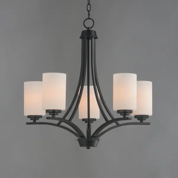 Low sloping arms of rectilinear tubing is finished in a variety of options that include Satin Nickel, Oil Rubbed Bronze, Matte Black, and a contemporary Satin Brass finish. Tall, cylindrical Satin White glass shades soften the light source within. Offered in a variety of configurations that include chandeliers, sconces, and a semi-flush pendant that may be used as a foyer pendant, has become a proven popular choice among builders. - alternate view