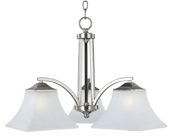 Straight lines and curves make this contemporary series a classic. Square metal tubing finished in your choice of Oil Rubbed Bronze or Satin Nickel support tapered square Frosted glass shades. Collection: Aurora Finish: Satin Nickel Glass: Frosted Width: 22.50" Height: 16.00" Length: 22.50" Weight: 10.70 lb Chain: 36" Wire: 120" Canopy: 5"x5"x1" Number of Bulbs: 3 Maximum Wattage: 60.00 W Bulb Type: A19 Bulb Base: E26 Medium Light Source: Incandescent Light Output: 3450.00 lm Dimmable Rated Average Life: 2500 Voltage: 120.00 V Material: Steel, Glass Safety Listing: cULus Safety Rating: Dry Manufacturer Warranty: 1 Spec Sheet Instructions Parts Diagram