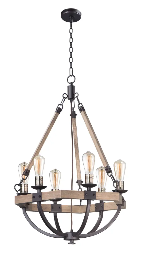 The combination of Weathered Wood with Bronze iron accents is perfectly suited for today rustic room design. Add vintage bulbs to this collection to complete the authentic inspiration of this collection. Collection: Lodge Finish: Weathered Oak / Bronze Width: 24.00" Height: 34.00" Length: 24.00" Weight: 10.12 lb Chain: 36" Wire: 120" Canopy: 5"x5"x0.75" Number of Bulbs: 6 Maximum Wattage: 60.00 W Bulb Type: ST64 Bulb Base: E26 Medium Light Source: Incandescent Dimmable Voltage: 120.00 V Material: Wood, Steel Safety Listing: cULus Safety Rating: Dry Manufacturer Warranty: Y Spec Sheet Instructions Parts Diagram