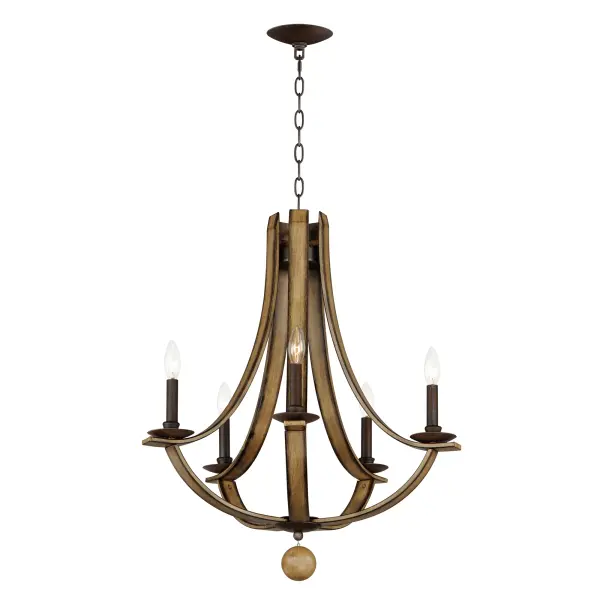 The timeless Empire chandelier shape styled in timeworn, natural finishes uses durable steel in a Driftwood finish that includes a spherical ornament in matching finish. The arms curve steeply, swept lower than the chandelier's center, emphasizing the chandelier's height while mitered angles at its top accentuate the thickness of the barrel-like planks. Exposed candelabra lamps on Anthracite candle covers adding texture and contrast. The result of the organic wood tones reduces the formality of the classical shape making the elegance of this design more inviting. Collection: Basque Finish: Driftwood/Anthracite Width: 26.00" Height: 28.50" Length: 26.00" Weight: 17.16 lb Chain: 36" Wire: 120" Canopy: 5"x5"x0.75" Number of Bulbs: 5 Maximum Wattage: 60.00 W Bulb Type: B10 Bulb Base: E12 Candelabra Light Source: Incandescent Dimmable Voltage: 120.00 V Material: Steel Safety Listing: cETLus Safety Rating: Dry Spec Sheet Instructions
