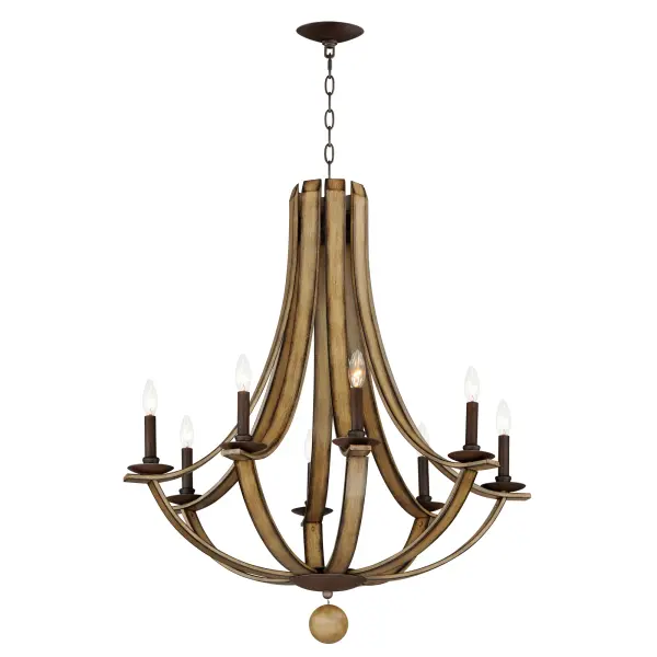 The timeless Empire chandelier shape styled in timeworn, natural finishes uses durable steel in a Driftwood finish that includes a spherical ornament in matching finish. The arms curve steeply, swept lower than the chandelier's center, emphasizing the chandelier's height while mitered angles at its top accentuate the thickness of the barrel-like planks. Exposed candelabra lamps on Anthracite candle covers adding texture and contrast. The result of the organic wood tones reduces the formality of the classical shape making the elegance of this design more inviting. Collection: Basque Finish: Driftwood/Anthracite Width: 32.00" Height: 36.00" Length: 32.00" Weight: 26.40 lb Chain: 36" Wire: 120" Canopy: 5"x5"x0.75" Number of Bulbs: 8 Maximum Wattage: 60.00 W Bulb Type: B10 Bulb Base: E12 Candelabra Light Source: Incandescent Dimmable Voltage: 120.00 V Material: Steel Safety Listing: cETLus Safety Rating: Dry Spec Sheet Instructions
