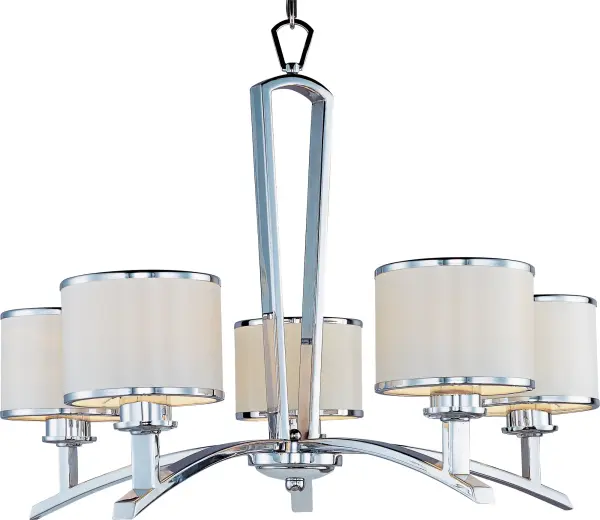 The Salon collection's sweeping rectangular arms finished in highly Polished Chrome take a dramatic turn upward to a choice of White or Black fabric shades trimmed with Polished Chrome metal rings.
