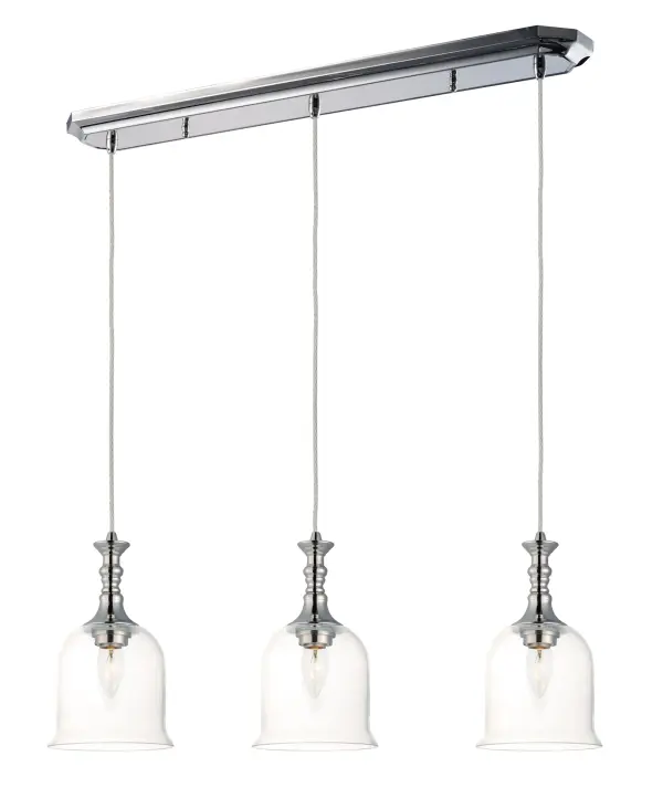 Traditional fonts of Polished Nickel support Clear glass shades reminiscent of Colonial times. This ageless design has upscale appeal at an attractive price.