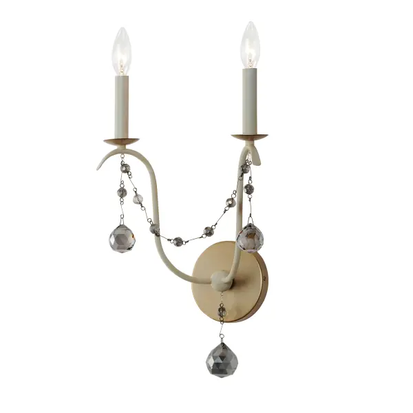 This series draws inspiration from regal agrarian manors, delivering a statement in its scale and sophisticated finishes. Designed in operatic proportions, the bottom chandelier assembly features swollen curves hand painted in a choice of Ecru White or Golden Noir and suspended by a rigid hook structure replete with vintage charm. These finish combinations not only add dimension and interest, but they are enhanced with the contrastingly brighter accents against the rich, weathered finishes. Extended chain links with smoky beveled crystal charms drape the Ecru and Gold Leaf finish combination, while the darker Golden Noir variation features strands of patinaed silver wooden beads. Collection: Formosa Finish: Ecru/Venetian Gold Width: 12.00" Height: 21.50" Weight: 2.27 lb Extension from Wall: 7.00" Wire: 8" Canopy: 0.75"x5" Number of Bulbs: 2 Maximum Wattage: 60.00 W Bulb Type: B10 Bulb Base: E12 Candelabra Light Source: Incandescent Dimmable Voltage: 120.00 V Material: Steel, Glass Safety Listing: cETLus Safety Rating: Dry Spec Sheet Instructions
