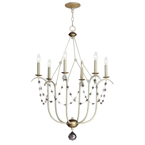 This series draws inspiration from regal agrarian manors, delivering a statement in its scale and sophisticated finishes. Designed in operatic proportions, the bottom chandelier assembly features swollen curves hand painted in a choice of Ecru White or Golden Noir and suspended by a rigid hook structure replete with vintage charm. These finish combinations not only add dimension and interest, but they are enhanced with the contrastingly brighter accents against the rich, weathered finishes. Extended chain links with smoky beveled crystal charms drape the Ecru and Gold Leaf finish combination, while the darker Golden Noir variation features strands of patinaed silver wooden beads. Collection: Formosa Finish: Ecru/Venetian Gold Width: 27.00" Height: 36.50" Length: 27.00" Weight: 8.20 lb Chain: 36" Wire: 120" Canopy: 5"x5"x1.18" Number of Bulbs: 6 Maximum Wattage: 60.00 W Bulb Type: B10 Bulb Base: E12 Candelabra Light Source: Incandescent Dimmable Voltage: 120.00 V Material: Steel, Glass Safety Listing: cETLus Safety Rating: Dry Spec Sheet Instructions