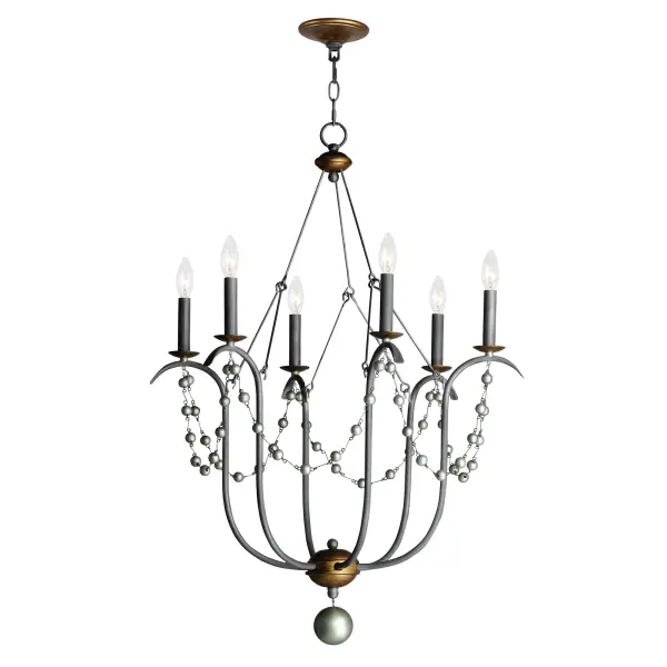 This series draws inspiration from regal agrarian manors, delivering a statement in its scale and sophisticated finishes. Designed in operatic proportions, the bottom chandelier assembly features swollen curves hand painted in a choice of Ecru White or Golden Noir and suspended by a rigid hook structure replete with vintage charm. These finish combinations not only add dimension and interest, but they are enhanced with the contrastingly brighter accents against the rich, weathered finishes. Extended chain links with smoky beveled crystal charms drape the Ecru and Gold Leaf finish combination, while the darker Golden Noir variation features strands of patinaed silver wooden beads. Collection: Formosa Finish: Golden Noir Width: 27.00" Height: 36.50" Length: 27.00" Weight: 7.40 lb Chain: 36" Wire: 120" Canopy: 5"x5"x1.18" Number of Bulbs: 6 Maximum Wattage: 60.00 W Bulb Type: B10 Bulb Base: E12 Candelabra Light Source: Incandescent Dimmable Voltage: 120.00 V Material: Steel, Wood Safety Listing: cETLus Safety Rating: Dry Spec Sheet Instructions