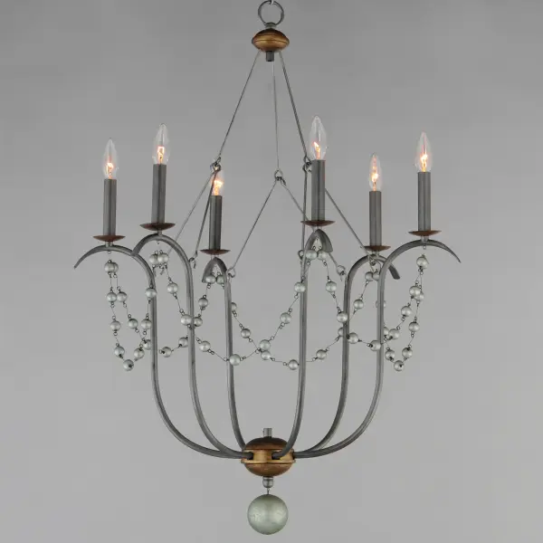 This series draws inspiration from regal agrarian manors, delivering a statement in its scale and sophisticated finishes. Designed in operatic proportions, the bottom chandelier assembly features swollen curves hand painted in a choice of Ecru White or Golden Noir and suspended by a rigid hook structure replete with vintage charm. These finish combinations not only add dimension and interest, but they are enhanced with the contrastingly brighter accents against the rich, weathered finishes. Extended chain links with smoky beveled crystal charms drape the Ecru and Gold Leaf finish combination, while the darker Golden Noir variation features strands of patinaed silver wooden beads. Collection: Formosa Finish: Golden Noir Width: 27.00" Height: 36.50" Length: 27.00" Weight: 7.40 lb Chain: 36" Wire: 120" Canopy: 5"x5"x1.18" Number of Bulbs: 6 Maximum Wattage: 60.00 W Bulb Type: B10 Bulb Base: E12 Candelabra Light Source: Incandescent Dimmable Voltage: 120.00 V Material: Steel, Wood Safety Listing: cETLus Safety Rating: Dry Spec Sheet Instructions - alternate view