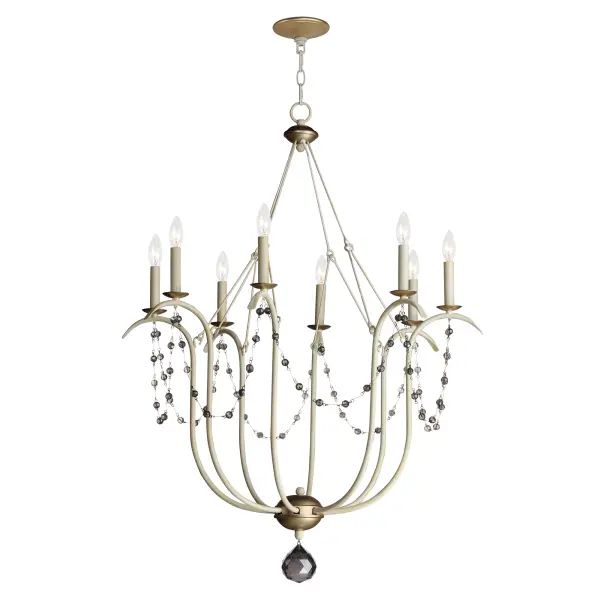 This series draws inspiration from regal agrarian manors, delivering a statement in its scale and sophisticated finishes. Designed in operatic proportions, the bottom chandelier assembly features swollen curves hand painted in a choice of Ecru White or Golden Noir and suspended by a rigid hook structure replete with vintage charm. These finish combinations not only add dimension and interest, but they are enhanced with the contrastingly brighter accents against the rich, weathered finishes. Extended chain links with smoky beveled crystal charms drape the Ecru and Gold Leaf finish combination, while the darker Golden Noir variation features strands of patinaed silver wooden beads. Collection: Formosa Finish: Ecru/Venetian Gold Width: 32.00" Height: 43.00" Length: 32.00" Weight: 11.22 lb Chain: 36" Wire: 120" Canopy: 5"x5"x1.18" Number of Bulbs: 8 Maximum Wattage: 60.00 W Bulb Type: B10 Bulb Base: E12 Candelabra Light Source: Incandescent Dimmable Voltage: 120.00 V Material: Steel, Glass Safety Listing: cETLus Safety Rating: Dry Spec Sheet Instructions