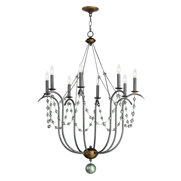 This series draws inspiration from regal agrarian manors, delivering a statement in its scale and sophisticated finishes. Designed in operatic proportions, the bottom chandelier assembly features swollen curves hand painted in a choice of Ecru White or Golden Noir and suspended by a rigid hook structure replete with vintage charm. These finish combinations not only add dimension and interest, but they are enhanced with the contrastingly brighter accents against the rich, weathered finishes. Extended chain links with smoky beveled crystal charms drape the Ecru and Gold Leaf finish combination, while the darker Golden Noir variation features strands of patinaed silver wooden beads. Collection: Formosa Finish: Golden Noir Width: 32.00" Height: 43.00" Length: 32.00" Weight: 10.00 lb Chain: 36" Wire: 120" Canopy: 5"x5"x1.18" Number of Bulbs: 8 Maximum Wattage: 60.00 W Bulb Type: B10 Bulb Base: E12 Candelabra Light Source: Incandescent Dimmable Voltage: 120.00 V Material: Steel, Wood Safety Listing: cETLus Safety Rating: Dry Spec Sheet Instructions