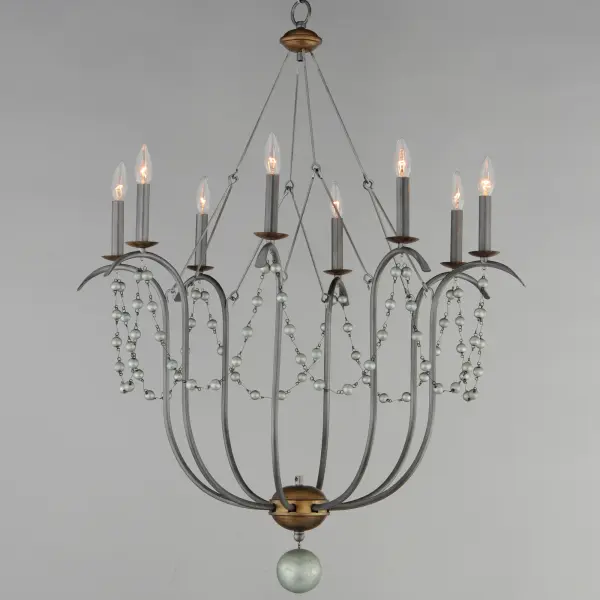 This series draws inspiration from regal agrarian manors, delivering a statement in its scale and sophisticated finishes. Designed in operatic proportions, the bottom chandelier assembly features swollen curves hand painted in a choice of Ecru White or Golden Noir and suspended by a rigid hook structure replete with vintage charm. These finish combinations not only add dimension and interest, but they are enhanced with the contrastingly brighter accents against the rich, weathered finishes. Extended chain links with smoky beveled crystal charms drape the Ecru and Gold Leaf finish combination, while the darker Golden Noir variation features strands of patinaed silver wooden beads. Collection: Formosa Finish: Golden Noir Width: 32.00" Height: 43.00" Length: 32.00" Weight: 10.00 lb Chain: 36" Wire: 120" Canopy: 5"x5"x1.18" Number of Bulbs: 8 Maximum Wattage: 60.00 W Bulb Type: B10 Bulb Base: E12 Candelabra Light Source: Incandescent Dimmable Voltage: 120.00 V Material: Steel, Wood Safety Listing: cETLus Safety Rating: Dry Spec Sheet Instructions - alternate view
