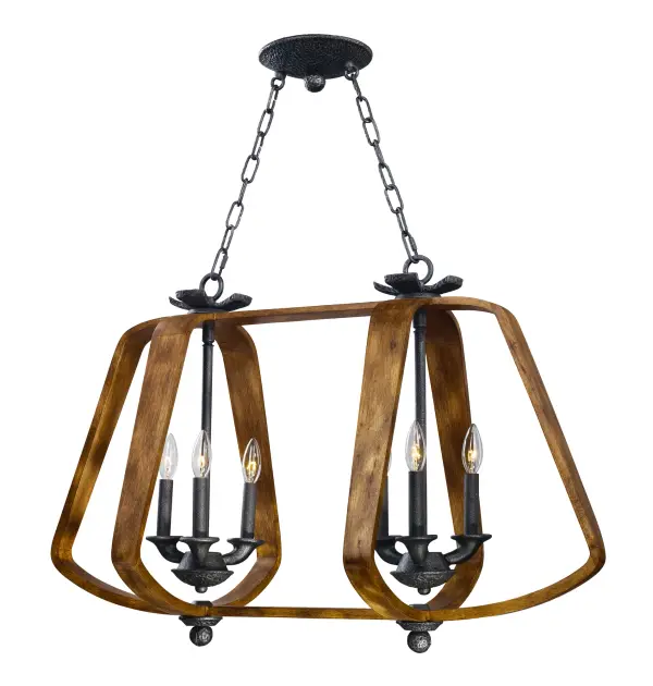 Unique pendants formed of bent wood finished in Barnwood which is a weathered and distressed look. The internal clusters and details are constructed of cast iron in a hammered pattern and finished in a natural looking Iron Ore. A excellent blend of soft shape and rustic finish allows for this collection to fit into a number of interior designs. Collection: Road House Finish: Barn Wood / Iron Ore Width: 36.00" Height: 23.00" Length: 19.00" Weight: 18.26 lb Chain: 36" Wire: 120" Canopy: 7.5"x7.5"x1.38" Number of Bulbs: 6 Maximum Wattage: 40.00 W Bulb Type: B10 Bulb Base: E12 Candelabra Light Source: Incandescent Dimmable Voltage: 120.00 V Material: Wood, Steel, Cast Aluminum Safety Listing: cETLus Safety Rating: Dry Manufacturer Warranty: 1 Spec Sheet Instructions Parts Diagram