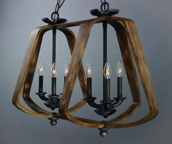 Unique pendants formed of bent wood finished in Barnwood which is a weathered and distressed look. The internal clusters and details are constructed of cast iron in a hammered pattern and finished in a natural looking Iron Ore. A excellent blend of soft shape and rustic finish allows for this collection to fit into a number of interior designs. - alternate view
