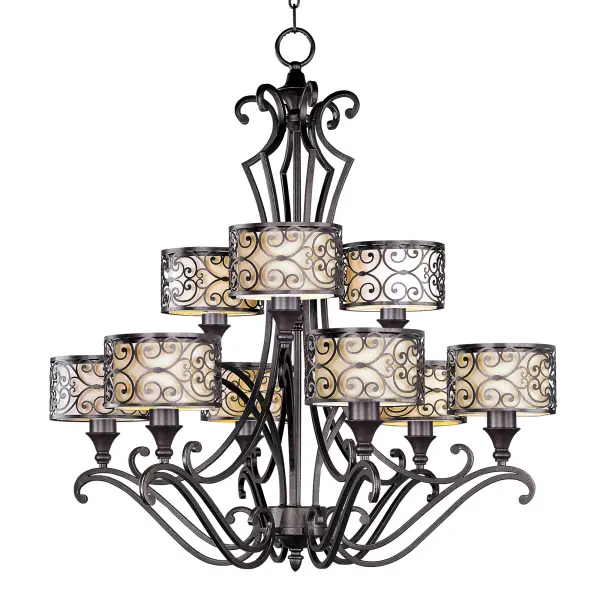 Mondrian, a Mediterranean inspired collection, features a forged-iron frame finished in Umber Bronze. The warm glow emitted through the delicate pattern of the metal silhouette gently radiates through the off-white fabric shades to create an interesting lighting effect.