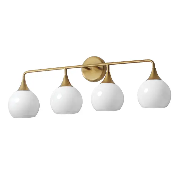 Featuring a swirling white Marble Glass globe that encases the light source, the shades are reminiscent of snowglobes. The collection provides a wonderfully wintery composition that is timelessly elegant effortlessly sophisticated. Choose from multiple sizes of the bath vanity lights as well as pendant configurations or two flush mount options. Available in Natural Aged Brass, Polished Chrome, or Matte Black. Collection: Neve Finish: Natural Aged Brass Glass: Marble Width: 31.00" Height: 10.75" Weight: 2.34 lb Extension from Wall: 6.50" Wire: 8" Canopy: 4.75"x4.75" Number of Bulbs: 4 Maximum Wattage: 60.00 W Bulb Base: E26 Medium Light Source: Incandescent Voltage: 120.00 V Material: Steel Safety Listing: cETLus Safety Rating: Damp Spec Sheet Instructions