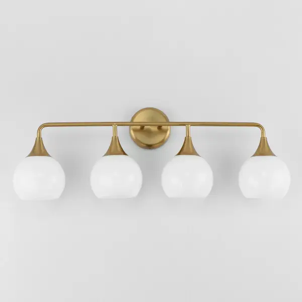 Featuring a swirling white Marble Glass globe that encases the light source, the shades are reminiscent of snowglobes. The collection provides a wonderfully wintery composition that is timelessly elegant effortlessly sophisticated. Choose from multiple sizes of the bath vanity lights as well as pendant configurations or two flush mount options. Available in Natural Aged Brass, Polished Chrome, or Matte Black. Collection: Neve Finish: Natural Aged Brass Glass: Marble Width: 31.00" Height: 10.75" Weight: 2.34 lb Extension from Wall: 6.50" Wire: 8" Canopy: 4.75"x4.75" Number of Bulbs: 4 Maximum Wattage: 60.00 W Bulb Base: E26 Medium Light Source: Incandescent Voltage: 120.00 V Material: Steel Safety Listing: cETLus Safety Rating: Damp Spec Sheet Instructions - alternate view