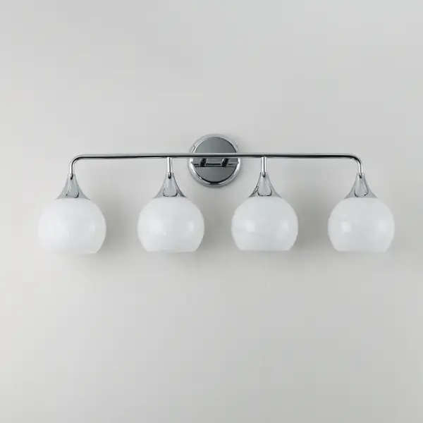 Featuring a swirling white Marble Glass globe that encases the light source, the shades are reminiscent of snowglobes. The collection provides a wonderfully wintery composition that is timelessly elegant effortlessly sophisticated. Choose from multiple sizes of the bath vanity lights as well as pendant configurations or two flush mount options. Available in Natural Aged Brass, Polished Chrome, or Matte Black. Collection: Neve Finish: Polished Chrome Glass: Marble Width: 31.00" Height: 10.75" Weight: 2.34 lb Extension from Wall: 6.50" Wire: 8" Canopy: 4.75"x4.75" Number of Bulbs: 4 Maximum Wattage: 60.00 W Bulb Base: E26 Medium Light Source: Incandescent Voltage: 120.00 V Material: Steel Safety Listing: cETLus Safety Rating: Damp Spec Sheet Instructions - alternate view