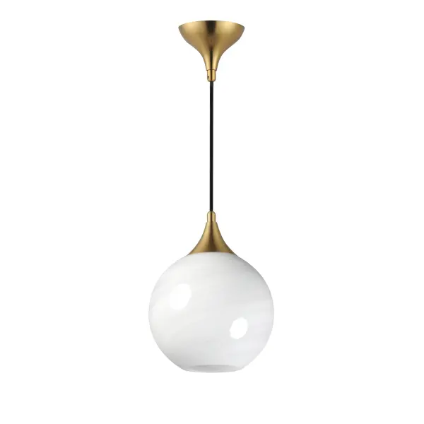 Featuring a swirling white Marble Glass globe that encases the light source, the shades are reminiscent of snowglobes. The collection provides a wonderfully wintery composition that is timelessly elegant effortlessly sophisticated. Choose from multiple sizes of the bath vanity lights as well as pendant configurations or two flush mount options. Available in Natural Aged Brass, Polished Chrome, or Matte Black. Collection: Neve Finish: Natural Aged Brass Glass: Marble Width: 9.00" Height: 11.50" Length: 9.00" Weight: 3.21 lb Wire: 120" Canopy: 4.75"x4.75"x3.25" Number of Bulbs: 1 Maximum Wattage: 60.00 W Bulb Base: E26 Medium Light Source: Incandescent Voltage: 120.00 V Material: Steel Safety Listing: cETLus Safety Rating: Dry Spec Sheet Instructions