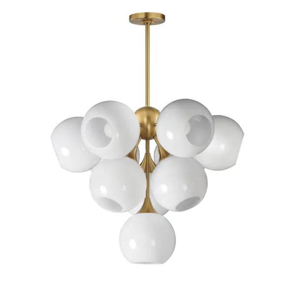 Featuring a swirling white Marble Glass globe that encases the light source, the shades are reminiscent of snowglobes. The collection provides a wonderfully wintery composition that is timelessly elegant effortlessly sophisticated. Choose from multiple sizes of the bath vanity lights as well as pendant configurations or two flush mount options. Available in Natural Aged Brass, Polished Chrome, or Matte Black. Collection: Neve Finish: Natural Aged Brass Glass: Marble Width: 27.50" Height: 21.25" Length: 27.50" Weight: 22.66 lb Wire: 120" Canopy: 5"x5"x0.75" Number of Bulbs: 10 Maximum Wattage: 60.00 W Bulb Type: E26 Bulb Base: E26 Medium Light Source: Incandescent Voltage: 120.00 V Material: Steel, glass Safety Listing: cETLus Safety Rating: Dry Manufacturer Warranty: 2 Spec Sheet Instructions