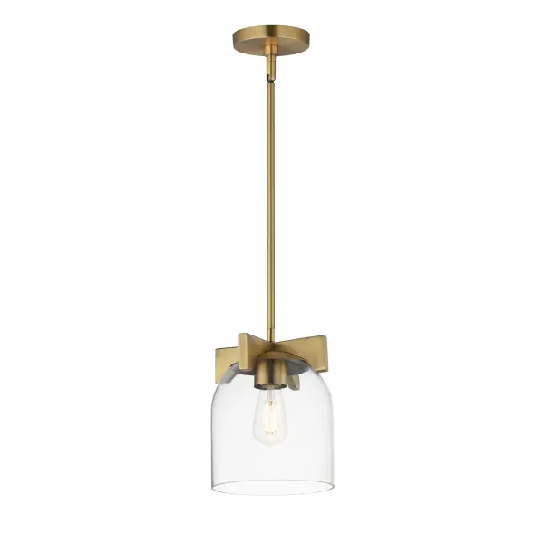 Cut-out metalwork curves around modern bell-shaped glass shades. The series includes pendants and bath vanities available in either Clear or a swirling Marble glass. Available in various complementary finishes: Polished Chrome, Matte Black, or Natural Aged Brass these fixtures make a delightful addition to bathroom spaces, bedrooms, or over a kitchen island. Collection: Scoop Finish: Natural Aged Brass Glass: Clear Width: 8.00" Height: 9.50" Weight: 5.70 lb Wire: 120" Canopy: 5"x5"x0.75" Number of Bulbs: 1 Maximum Wattage: 60.00 W Bulb Type: A19 Bulb Base: E26 Medium Light Source: Incandescent Dimmable Voltage: 120.00 V Material: Steel, Glass Safety Listing: cULus Safety Rating: Dry Manufacturer Warranty: 3 Spec Sheet Instructions