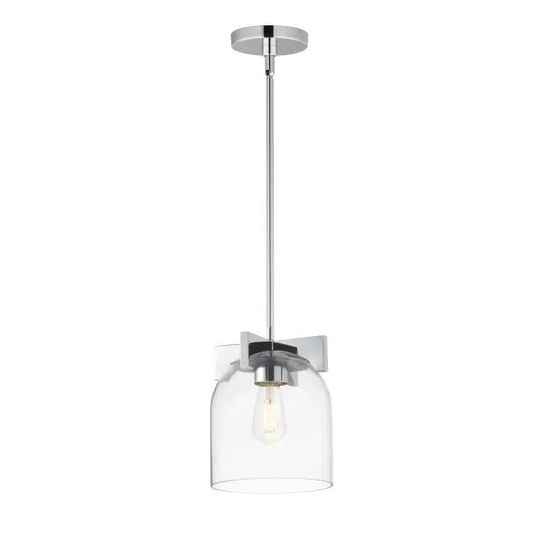 Cut-out metalwork curves around modern bell-shaped glass shades. The series includes pendants and bath vanities available in either Clear or a swirling Marble glass. Available in various complementary finishes: Polished Chrome, Matte Black, or Natural Aged Brass these fixtures make a delightful addition to bathroom spaces, bedrooms, or over a kitchen island. Collection: Scoop Finish: Polished Chrome Glass: Clear Width: 8.00" Height: 9.50" Weight: 5.70 lb Wire: 120" Canopy: 5"x5"x0.75" Number of Bulbs: 1 Maximum Wattage: 60.00 W Bulb Type: A19 Bulb Base: E26 Medium Light Source: Incandescent Dimmable Voltage: 120.00 V Material: Steel, Glass Safety Listing: cULus Safety Rating: Dry Manufacturer Warranty: 3 Spec Sheet Instructions