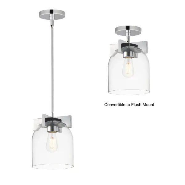Cut-out metalwork curves around modern bell-shaped glass shades. The series includes pendants and bath vanities available in either Clear or a swirling Marble glass. Available in various complementary finishes: Polished Chrome, Matte Black, or Natural Aged Brass these fixtures make a delightful addition to bathroom spaces, bedrooms, or over a kitchen island. Collection: Scoop Finish: Polished Chrome Glass: Clear Width: 8.00" Height: 9.50" Weight: 5.70 lb Wire: 120" Canopy: 5"x5"x0.75" Number of Bulbs: 1 Maximum Wattage: 60.00 W Bulb Type: A19 Bulb Base: E26 Medium Light Source: Incandescent Dimmable Voltage: 120.00 V Material: Steel, Glass Safety Listing: cULus Safety Rating: Dry Manufacturer Warranty: 3 Spec Sheet Instructions - alternate view
