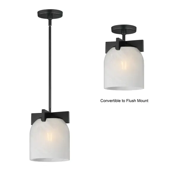 Cut-out metalwork curves around modern bell-shaped glass shades. The series includes pendants and bath vanities available in either Clear or a swirling Marble glass. Available in various complementary finishes: Polished Chrome, Matte Black, or Natural Aged Brass these fixtures make a delightful addition to bathroom spaces, bedrooms, or over a kitchen island. Collection: Scoop Finish: Black Glass: Marble Width: 8.00" Height: 9.50" Weight: 5.70 lb Wire: 120" Canopy: 5"x5"x0.75" Number of Bulbs: 1 Maximum Wattage: 60.00 W Bulb Type: A19 Bulb Base: E26 Medium Light Source: Incandescent Dimmable Voltage: 120.00 V Material: Steel, Glass Safety Listing: cULus Safety Rating: Dry Manufacturer Warranty: 3 Spec Sheet Instructions - alternate view