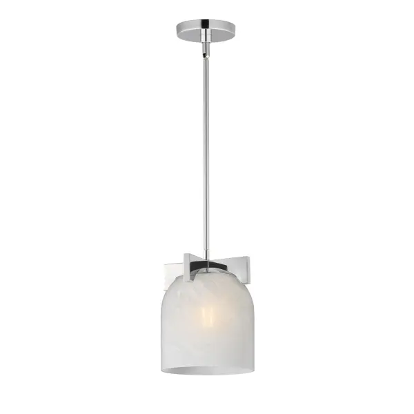 Cut-out metalwork curves around modern bell-shaped glass shades. The series includes pendants and bath vanities available in either Clear or a swirling Marble glass. Available in various complementary finishes: Polished Chrome, Matte Black, or Natural Aged Brass these fixtures make a delightful addition to bathroom spaces, bedrooms, or over a kitchen island. Collection: Scoop Finish: Polished Chrome Glass: Marble Width: 8.00" Height: 9.50" Weight: 5.70 lb Wire: 120" Canopy: 5"x5"x0.75" Number of Bulbs: 1 Maximum Wattage: 60.00 W Bulb Type: A19 Bulb Base: E26 Medium Light Source: Incandescent Dimmable Voltage: 120.00 V Material: Steel, Glass Safety Listing: cULus Safety Rating: Dry Manufacturer Warranty: 3 Spec Sheet Instructions