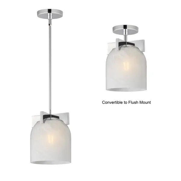 Cut-out metalwork curves around modern bell-shaped glass shades. The series includes pendants and bath vanities available in either Clear or a swirling Marble glass. Available in various complementary finishes: Polished Chrome, Matte Black, or Natural Aged Brass these fixtures make a delightful addition to bathroom spaces, bedrooms, or over a kitchen island. Collection: Scoop Finish: Polished Chrome Glass: Marble Width: 8.00" Height: 9.50" Weight: 5.70 lb Wire: 120" Canopy: 5"x5"x0.75" Number of Bulbs: 1 Maximum Wattage: 60.00 W Bulb Type: A19 Bulb Base: E26 Medium Light Source: Incandescent Dimmable Voltage: 120.00 V Material: Steel, Glass Safety Listing: cULus Safety Rating: Dry Manufacturer Warranty: 3 Spec Sheet Instructions - alternate view