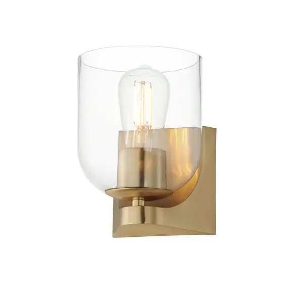 Cut-out metalwork curves around modern bell-shaped glass shades. The series includes pendants and bath vanities available in either Clear or a swirling Marble glass. Available in various complementary finishes: Polished Chrome, Matte Black, or Natural Aged Brass these fixtures make a delightful addition to bathroom spaces, bedrooms, or over a kitchen island. Collection: Scoop Finish: Natural Aged Brass Glass: Clear Width: 5.50" Height: 7.25" Weight: 1.98 lb Extension from Wall: 6.25" Wire: 6" Canopy: 4.75"x4.75" Number of Bulbs: 1 Maximum Wattage: 60.00 W Bulb Type: E26 Bulb Base: E26 Medium Light Source: Incandescent Dimmable Voltage: 120.00 V Material: Steel, Glass Safety Listing: cULus Safety Rating: Damp Manufacturer Warranty: 3 Spec Sheet Instructions