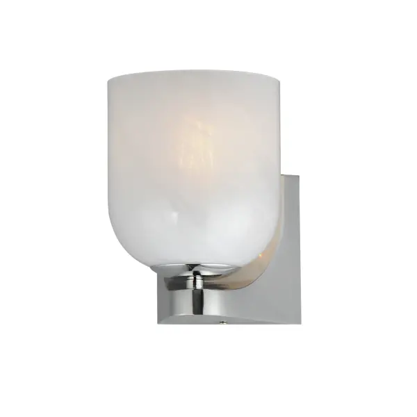 Cut-out metalwork curves around modern bell-shaped glass shades. The series includes pendants and bath vanities available in either Clear or a swirling Marble glass. Available in various complementary finishes: Polished Chrome, Matte Black, or Natural Aged Brass these fixtures make a delightful addition to bathroom spaces, bedrooms, or over a kitchen island. Collection: Scoop Finish: Polished Chrome Glass: Marble Width: 5.50" Height: 7.25" Weight: 1.98 lb Extension from Wall: 6.25" Wire: 6" Canopy: 4.75"x4.75" Number of Bulbs: 1 Maximum Wattage: 60.00 W Bulb Type: E26 Bulb Base: E26 Medium Light Source: Incandescent Dimmable Voltage: 120.00 V Material: Steel, Glass Safety Listing: cULus Safety Rating: Damp Spec Sheet Instructions