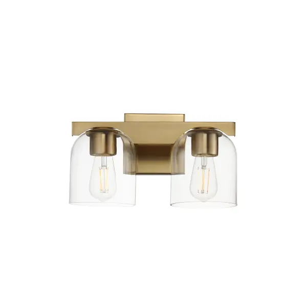 Cut-out metalwork curves around modern bell-shaped glass shades. The series includes pendants and bath vanities available in either Clear or a swirling Marble glass. Available in various complementary finishes: Polished Chrome, Matte Black, or Natural Aged Brass these fixtures make a delightful addition to bathroom spaces, bedrooms, or over a kitchen island. Collection: Scoop Finish: Natural Aged Brass Glass: Clear Width: 13.50" Height: 8.00" Weight: 4.84 lb Extension from Wall: 7.00" Wire: 6" Canopy: 5"x5" Number of Bulbs: 2 Maximum Wattage: 6.00 W Bulb Type: E26 Bulb Base: E26 Medium Light Source: LED Color Temperature: 2700 K Dimmable Voltage: 120.00 V Material: Steel, Glass Safety Listing: cULus Safety Rating: Damp LED Manufacturer Warranty: 3 Spec Sheet Instructions