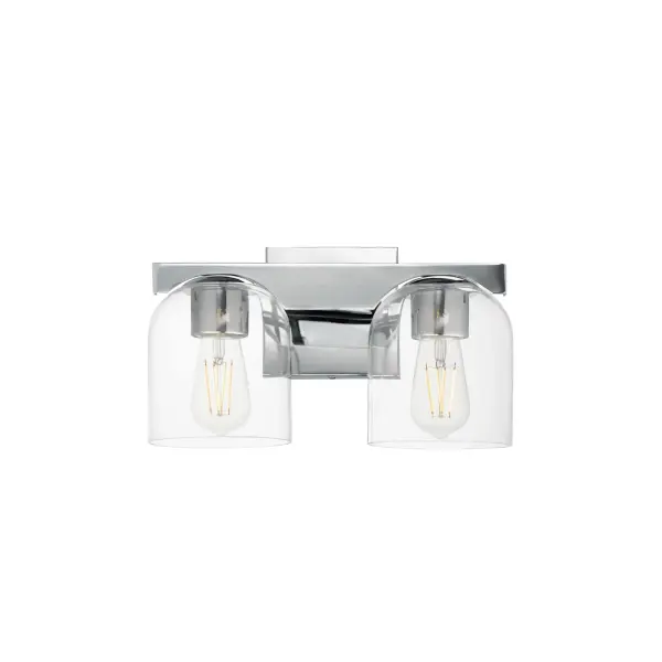 Cut-out metalwork curves around modern bell-shaped glass shades. The series includes pendants and bath vanities available in either Clear or a swirling Marble glass. Available in various complementary finishes: Polished Chrome, Matte Black, or Natural Aged Brass these fixtures make a delightful addition to bathroom spaces, bedrooms, or over a kitchen island. Collection: Scoop Finish: Polished Chrome Glass: Clear Width: 13.50" Height: 8.00" Weight: 4.84 lb Extension from Wall: 7.00" Wire: 6" Canopy: 5"x5" Number of Bulbs: 2 Maximum Wattage: 6.00 W Bulb Type: E26 Bulb Base: E26 Medium Light Source: LED Color Temperature: 2700 K Dimmable Voltage: 120.00 V Material: Steel, Glass Safety Listing: cULus Safety Rating: Damp LED Spec Sheet Instructions