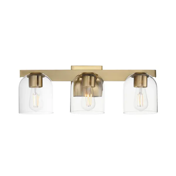 Cut-out metalwork curves around modern bell-shaped glass shades. The series includes pendants and bath vanities available in either Clear or a swirling Marble glass. Available in various complementary finishes: Polished Chrome, Matte Black, or Natural Aged Brass these fixtures make a delightful addition to bathroom spaces, bedrooms, or over a kitchen island. Collection: Scoop Finish: Natural Aged Brass Glass: Clear Width: 21.50" Height: 8.00" Weight: 6.60 lb Extension from Wall: 7.00" Wire: 6" Canopy: 5"x5" Number of Bulbs: 3 Maximum Wattage: 60.00 W Bulb Type: E26 Bulb Base: E26 Medium Light Source: Incandescent Dimmable Voltage: 120.00 V Material: Steel, Glass Safety Listing: cULus Safety Rating: Damp Manufacturer Warranty: 3 Spec Sheet Instructions
