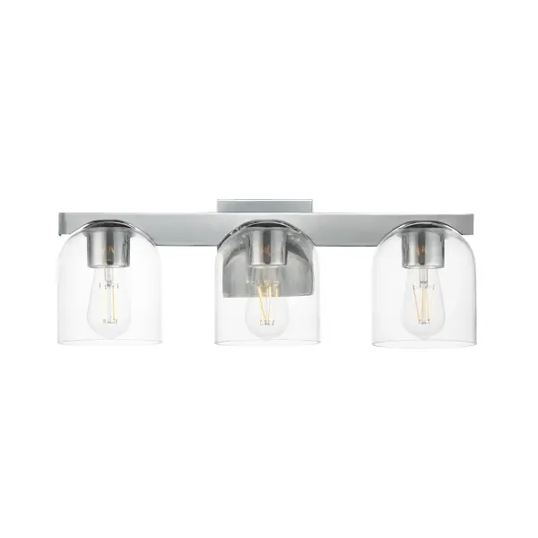 Cut-out metalwork curves around modern bell-shaped glass shades. The series includes pendants and bath vanities available in either Clear or a swirling Marble glass. Available in various complementary finishes: Polished Chrome, Matte Black, or Natural Aged Brass these fixtures make a delightful addition to bathroom spaces, bedrooms, or over a kitchen island. Collection: Scoop Finish: Polished Chrome Glass: Clear Width: 21.50" Height: 8.00" Weight: 6.60 lb Extension from Wall: 7.00" Wire: 6" Canopy: 5"x5" Number of Bulbs: 3 Maximum Wattage: 60.00 W Bulb Type: E26 Bulb Base: E26 Medium Light Source: Incandescent Dimmable Voltage: 120.00 V Material: Steel, Glass Safety Listing: cULus Safety Rating: Damp Spec Sheet Instructions