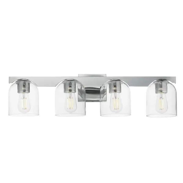 Cut-out metalwork curves around modern bell-shaped glass shades. The series includes pendants and bath vanities available in either Clear or a swirling Marble glass. Available in various complementary finishes: Polished Chrome, Matte Black, or Natural Aged Brass these fixtures make a delightful addition to bathroom spaces, bedrooms, or over a kitchen island. Collection: Scoop Finish: Polished Chrome Glass: Clear Width: 29.50" Height: 8.00" Weight: 8.80 lb Extension from Wall: 7.00" Wire: 6" Canopy: 5"x5" Number of Bulbs: 4 Maximum Wattage: 6.00 W Bulb Type: E26 Bulb Base: E26 Medium Light Source: LED Dimmable Voltage: 120.00 V Material: Steel, Glass Safety Listing: cULus Safety Rating: Damp LED Spec Sheet Instructions